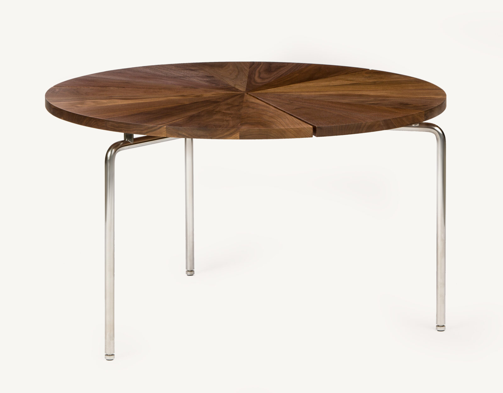 BassamFellows CB-36 Circular Coffee Table in solid Walnut and polished stainless steel base, credit ELDON ZIMMERMAN